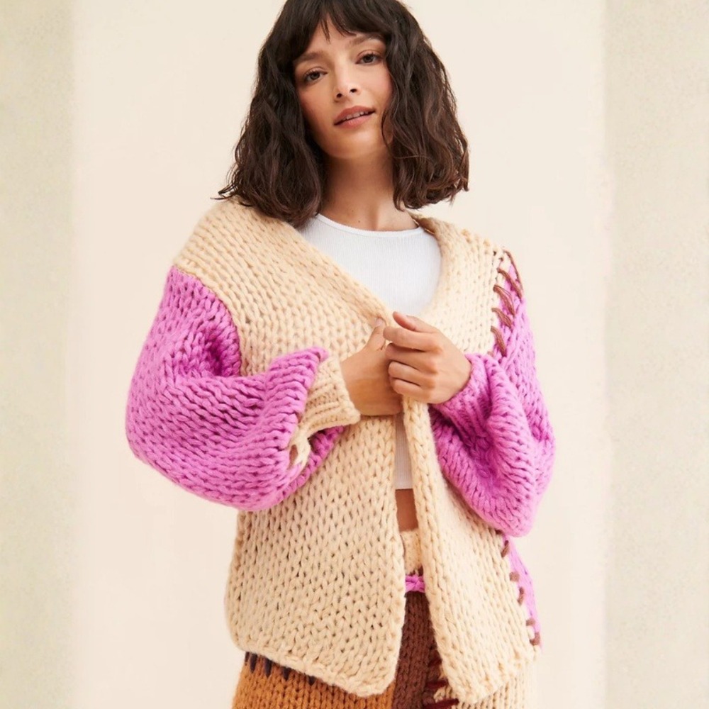 SAACHI Colorblock Patchwork Cardigan Chunky Open Knit Size XS Whipstitch Sweater